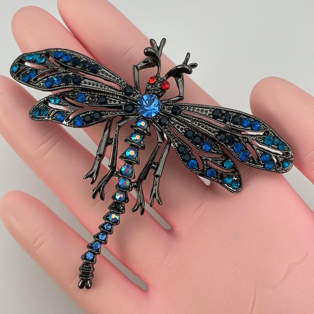Blue Crystal Dragonfly Brooch Gunmetal Black Sparkle Insect Pin Vintage Style - Picture 6 of 6